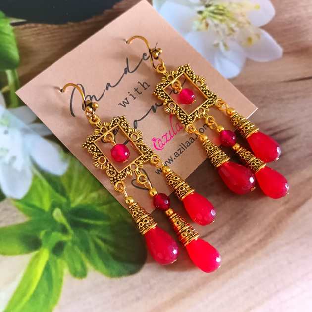 Maroon beaded dangler antique golden chandelier earrings