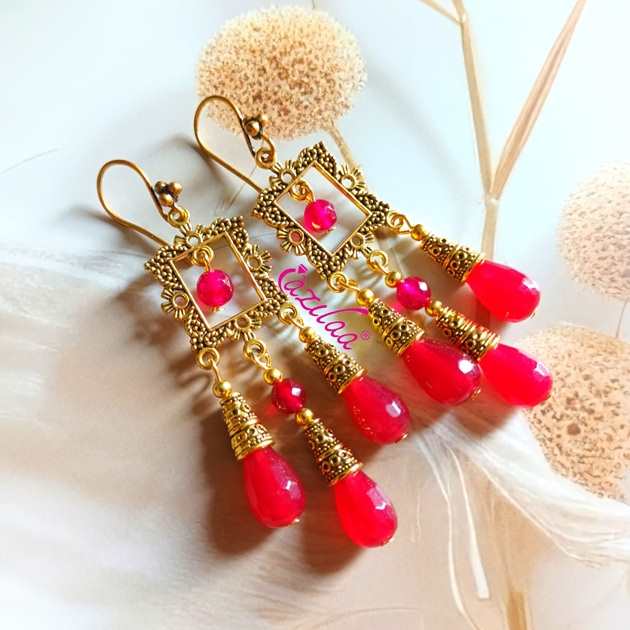 Maroon beaded dangler antique golden chandelier earrings