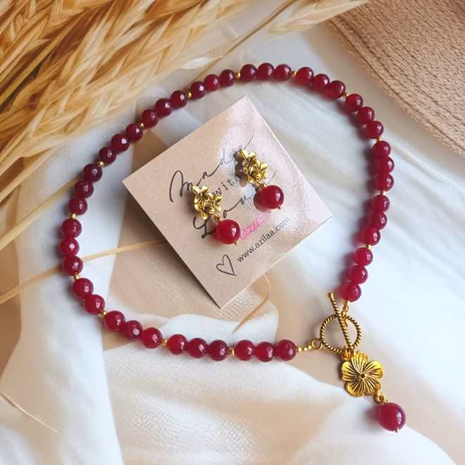 Maroon gemstone handmade beaded necklace set