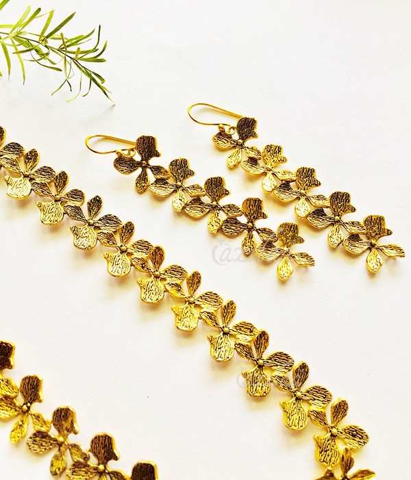 Modern Golden flower long necklace and earrings set
