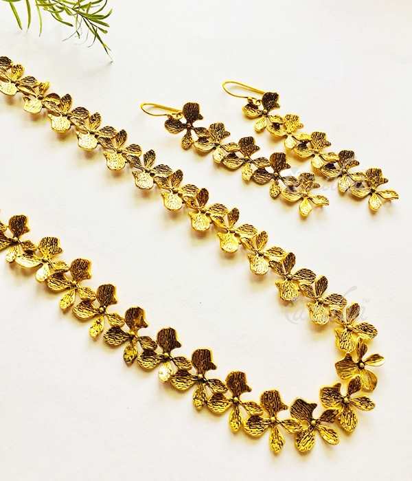 Modern Golden flower long necklace and earrings set
