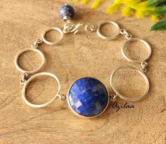 Modern blue lapis sterling silver  handmade gemstone bracelet