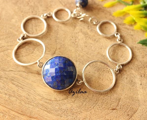 Modern blue lapis sterling silver  handmade gemstone bracelet