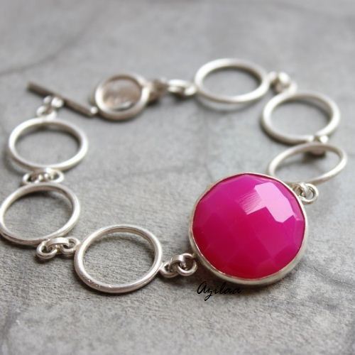 Modern sterling silver Pink Chalcedony handmade gemstone bracelet