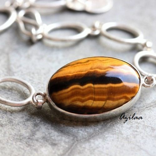 Modern sterling silver Tiger eye handmade gemstone bracelet