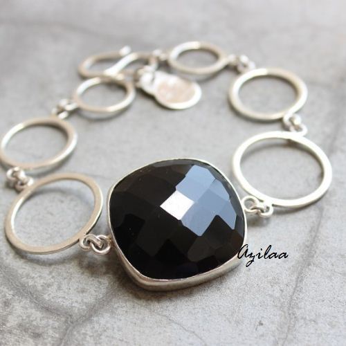 Modern sterling silver black onyx handmade gemstone bracelet