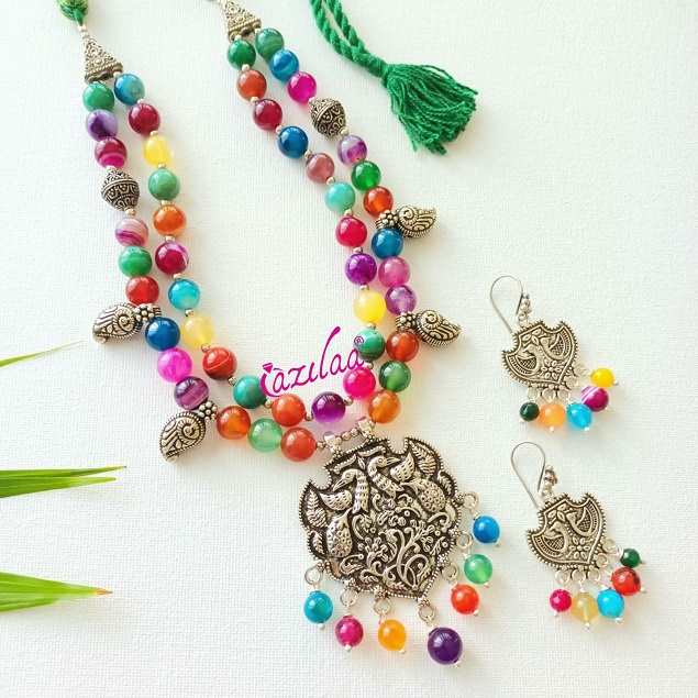 Multi agate gemstone necklace earrings set