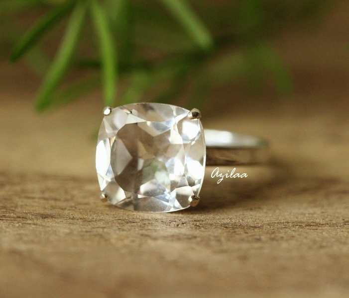 Natural crystal ring Designer  prong cushion silver gemstone ring