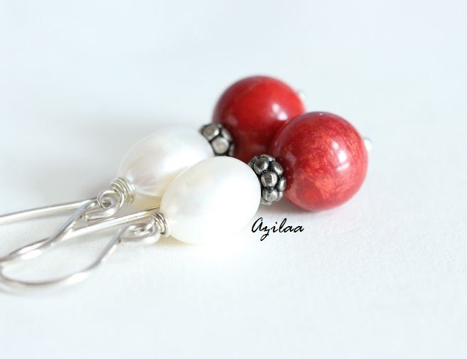 Natural pearl red coral sterling silver handmade earings