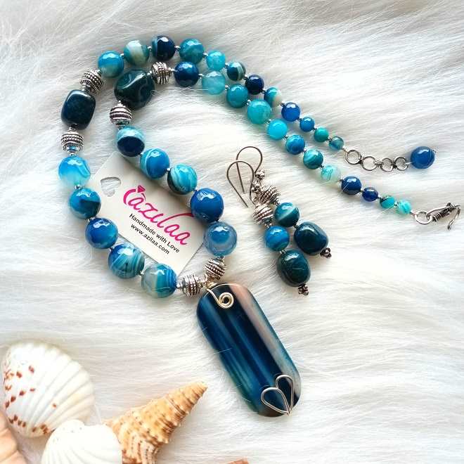 OOAK Blue gemstone beaded handmade necklace set