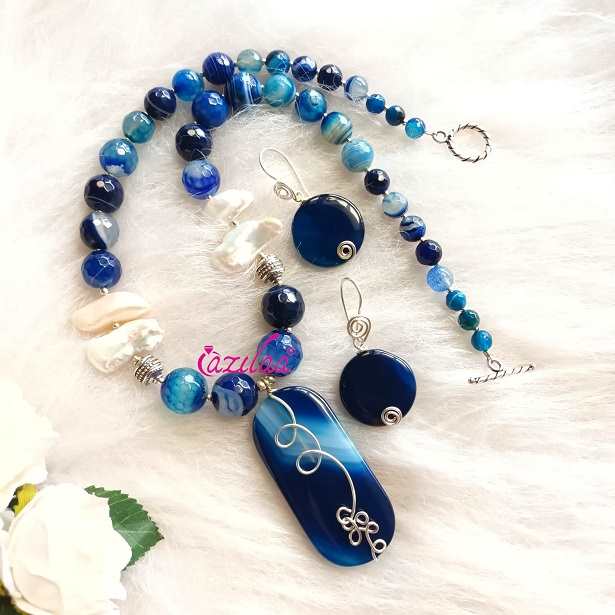OOAK Blue gemstone beaded handmade necklace set