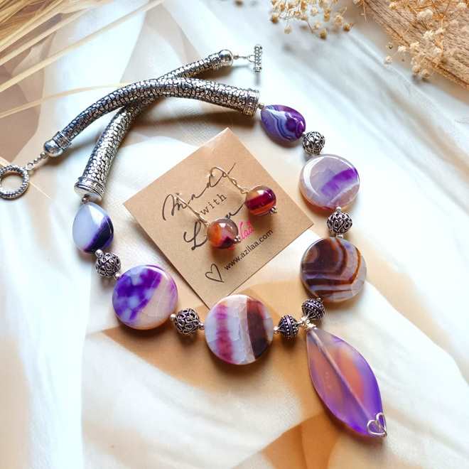OOAK Purple agate gemstone statement necklace set