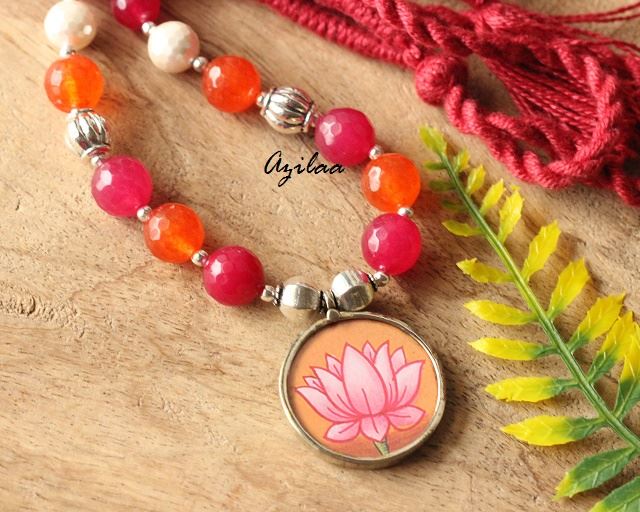 Orange Lotus pink gemstone artisan handmade necklace 