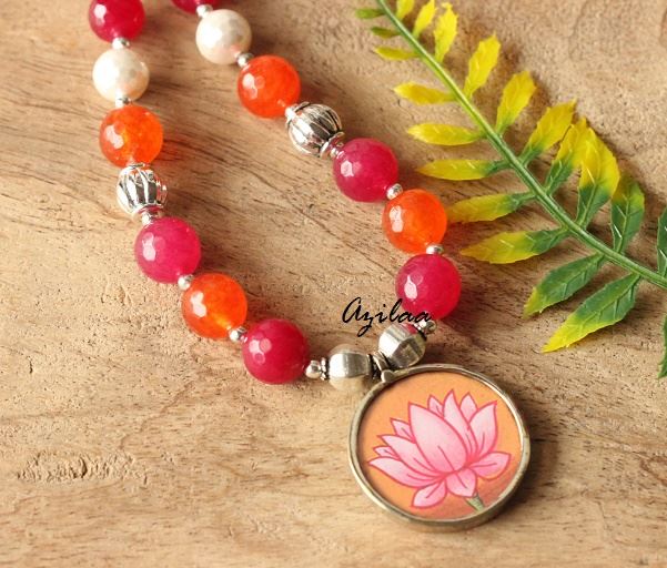 Orange Lotus pink gemstone artisan handmade necklace 