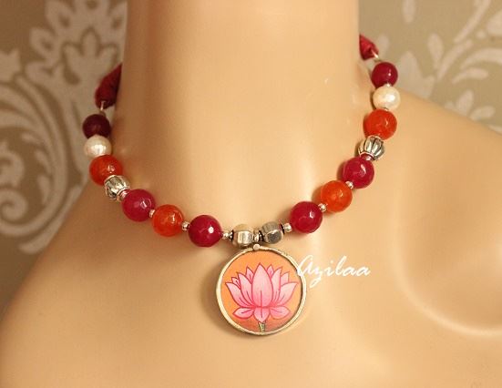 Orange Lotus pink gemstone artisan handmade necklace 