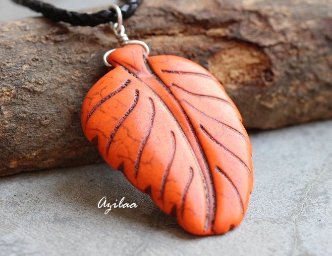 Orange leaf gemstone carved pendant