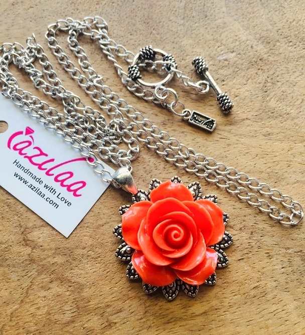 Orange rose designer handmade pendant chain necklace 