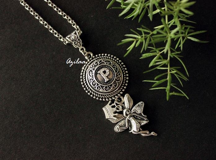 P intial CZ princess charm  pendant silver necklace