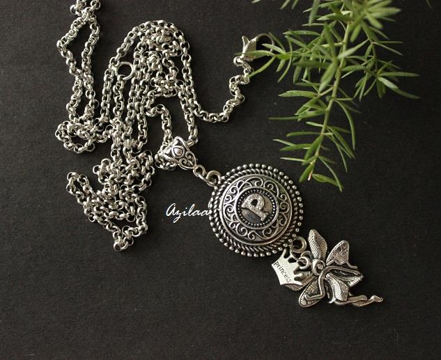 P intial CZ princess charm  pendant silver necklace