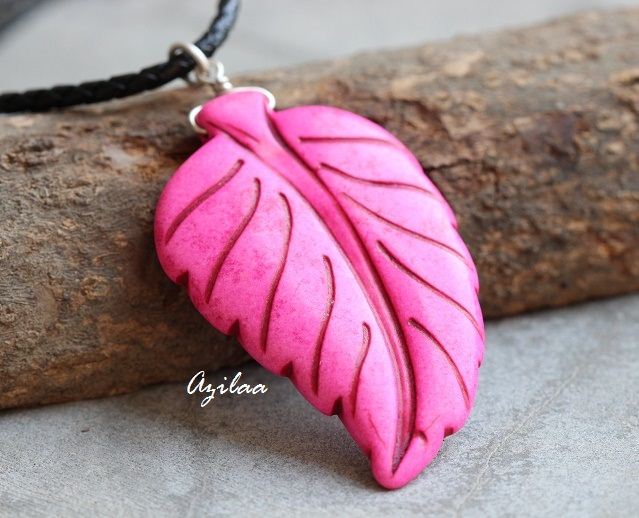 PINK pendant - Leaf pendant - Carved pendant - sterling silver 