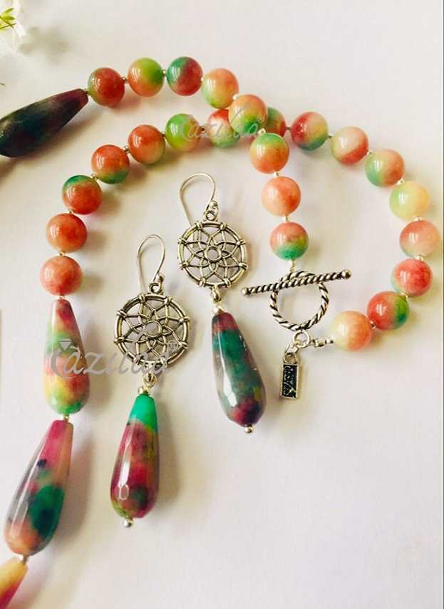 Peach green Gemstone beaded handmade necklace set