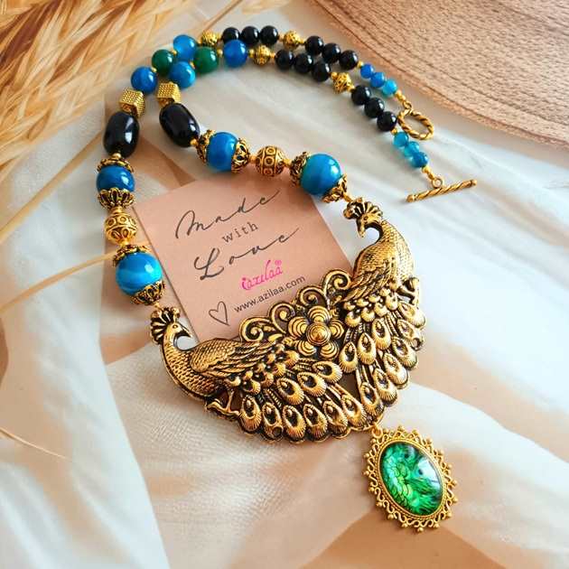Peacock ethnic gemstone antique gold tone necklace 