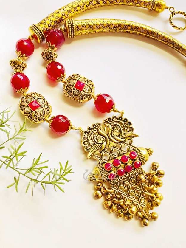 Peacock pinkish maroon antique gold tone necklace earrings