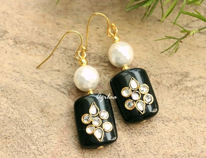 Pearl beaded black gold plated earrings