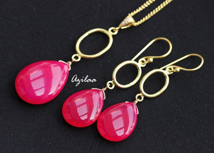 Pink Gemstone Chalcedony Silver Gold Plated Pendant Earring set