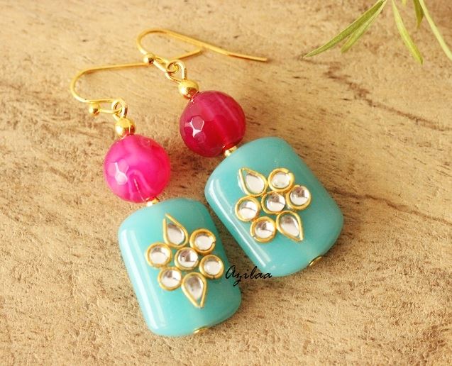 Pink beaded gold plated earrings