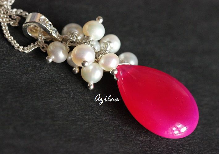 Pink chalcedony gemstone silver beaded pendant earring set