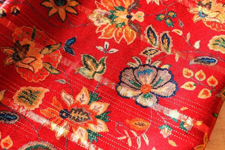 Premium red floral square satin golden scarf 