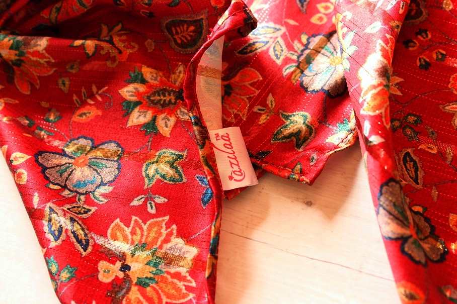 Premium red floral square satin golden scarf 