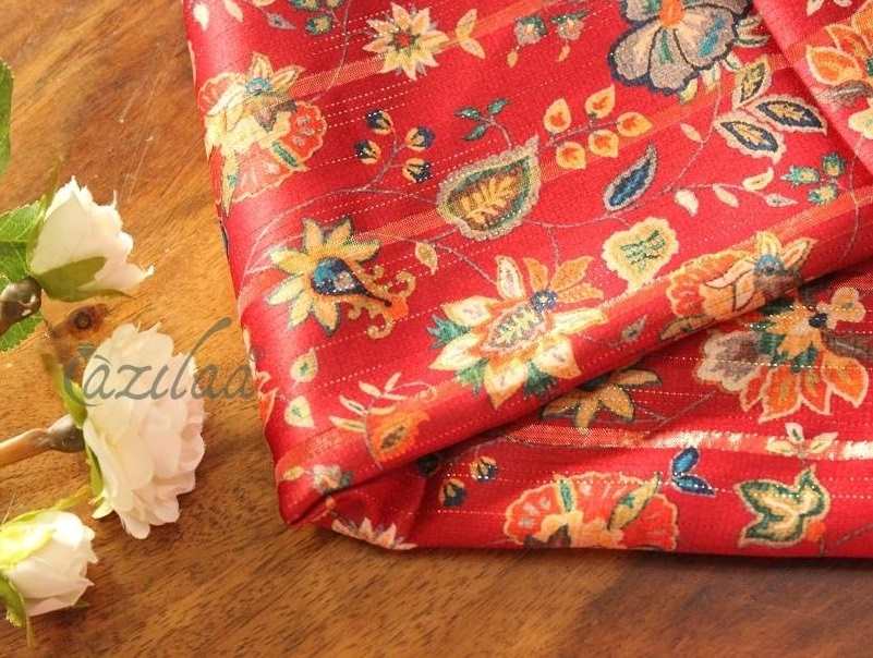 Premium red floral square satin golden scarf 