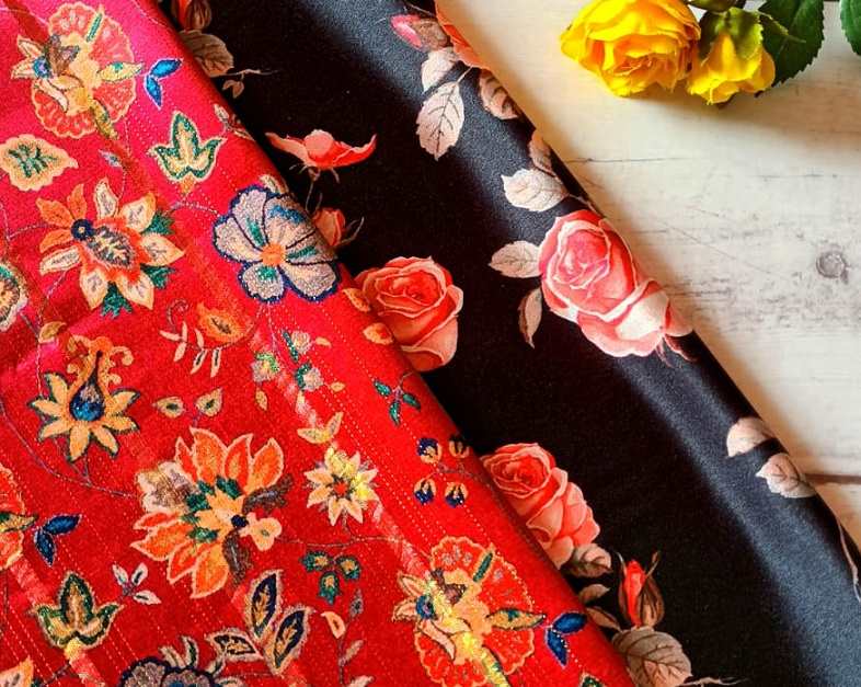 Premium red floral square satin golden scarf 