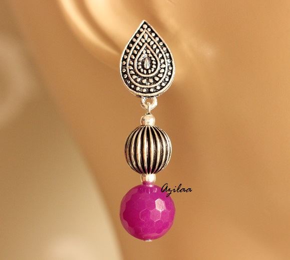 Purple Beaded gemstone silver post earrings