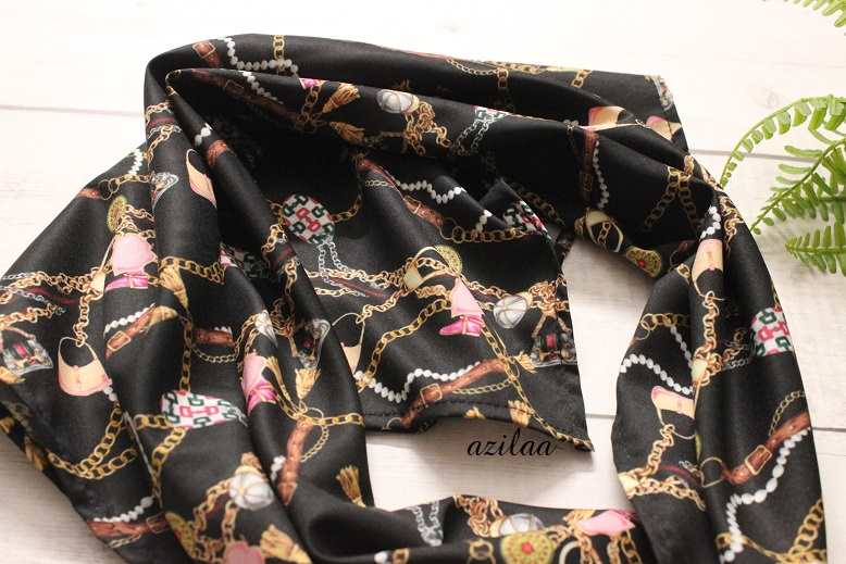 Quirky bejewel satin fabric black scarf Square