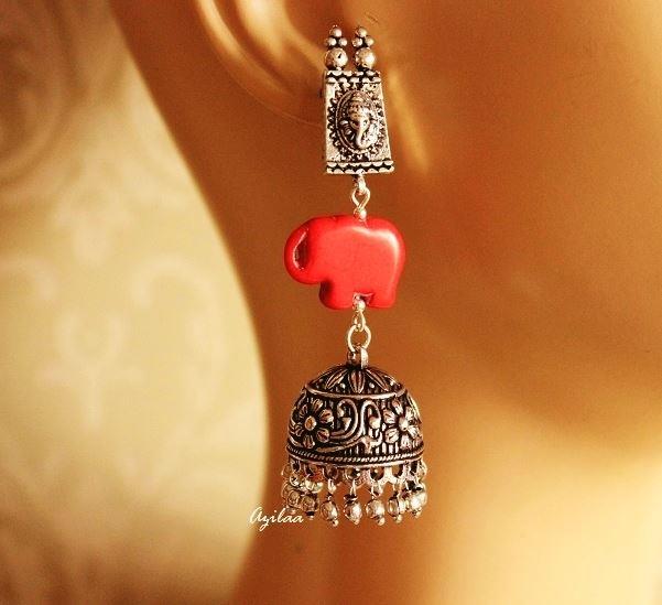 Red Ethnic Elephant silver tone gemstone earrings
