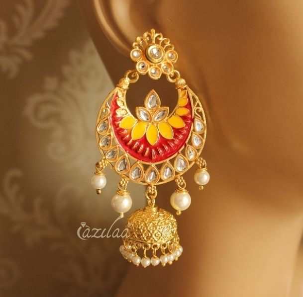 Red Golden enamel hand painted chandelier pearl earrings