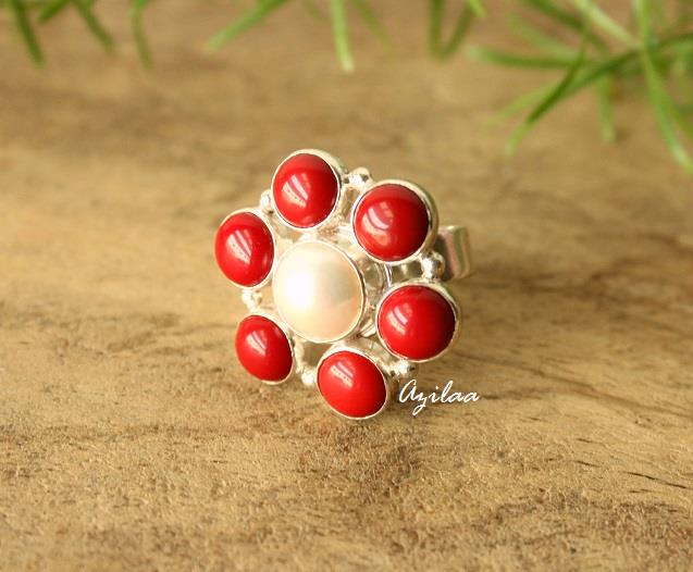 Red coral pearl Sterling silver gemstone ring