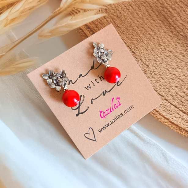 Red pearl stud dangler earrings