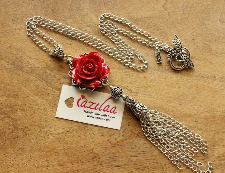 Red rose Tassel designer handmade silver chain necklace 