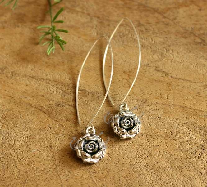 Rose charm silver Long dangler earrings