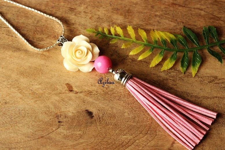 Rose pink trendy tassel gemstone beaded pendant necklace