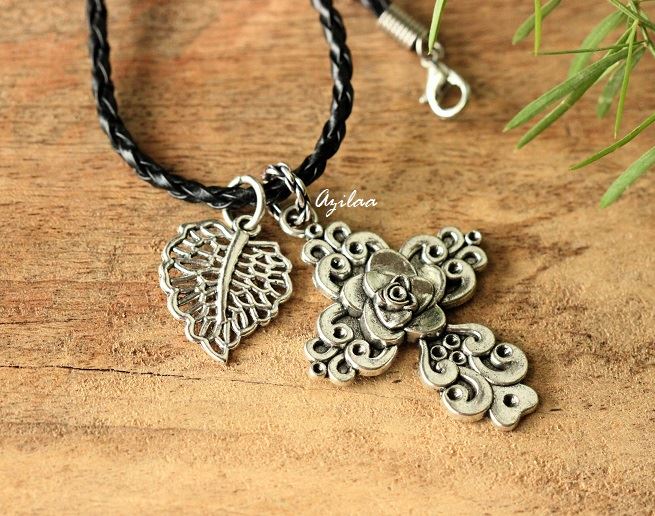 Rose silver cros charm pendant with cord unisex necklace 
