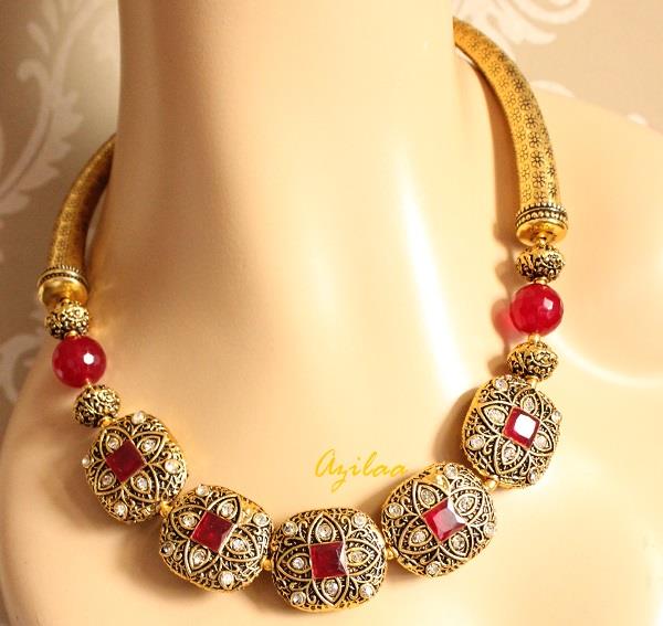 Designer maroon necklace earrings, Antique gold necklace