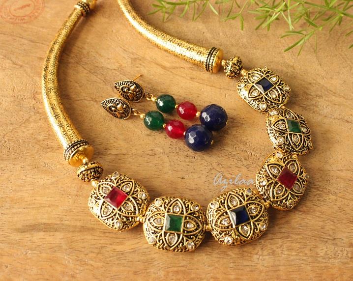 Statement necklace and earring set, Antique gold beads necklace