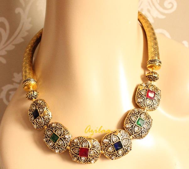 Statement necklace and earring set, Antique gold beads necklace