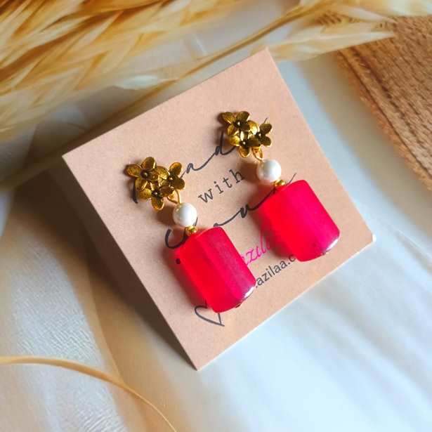 Ruby pink beaded dangler antique golden earrings