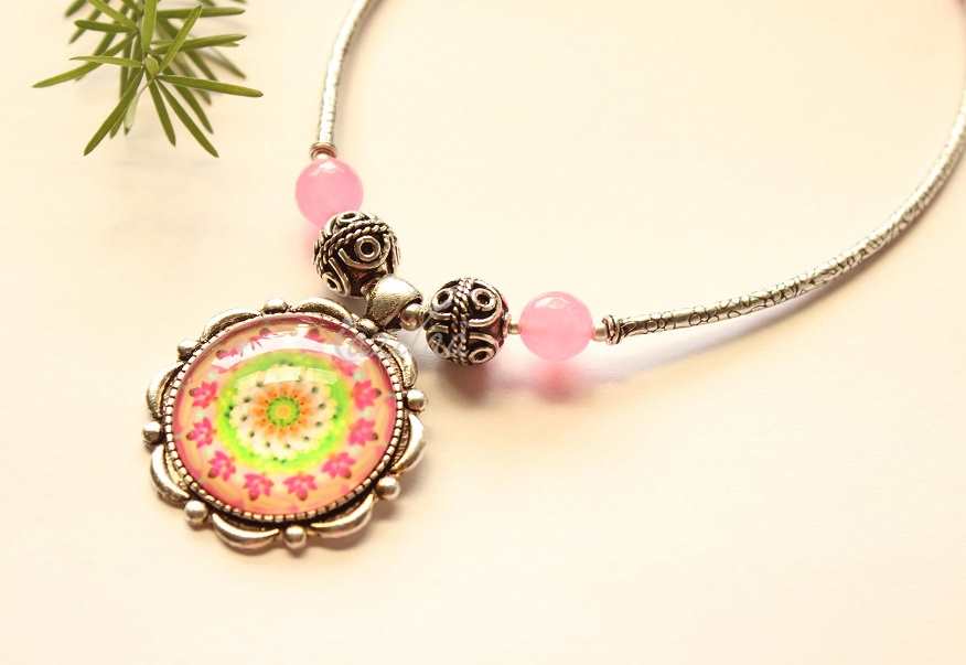 Soft Pink Flower indo western pendant  necklace set